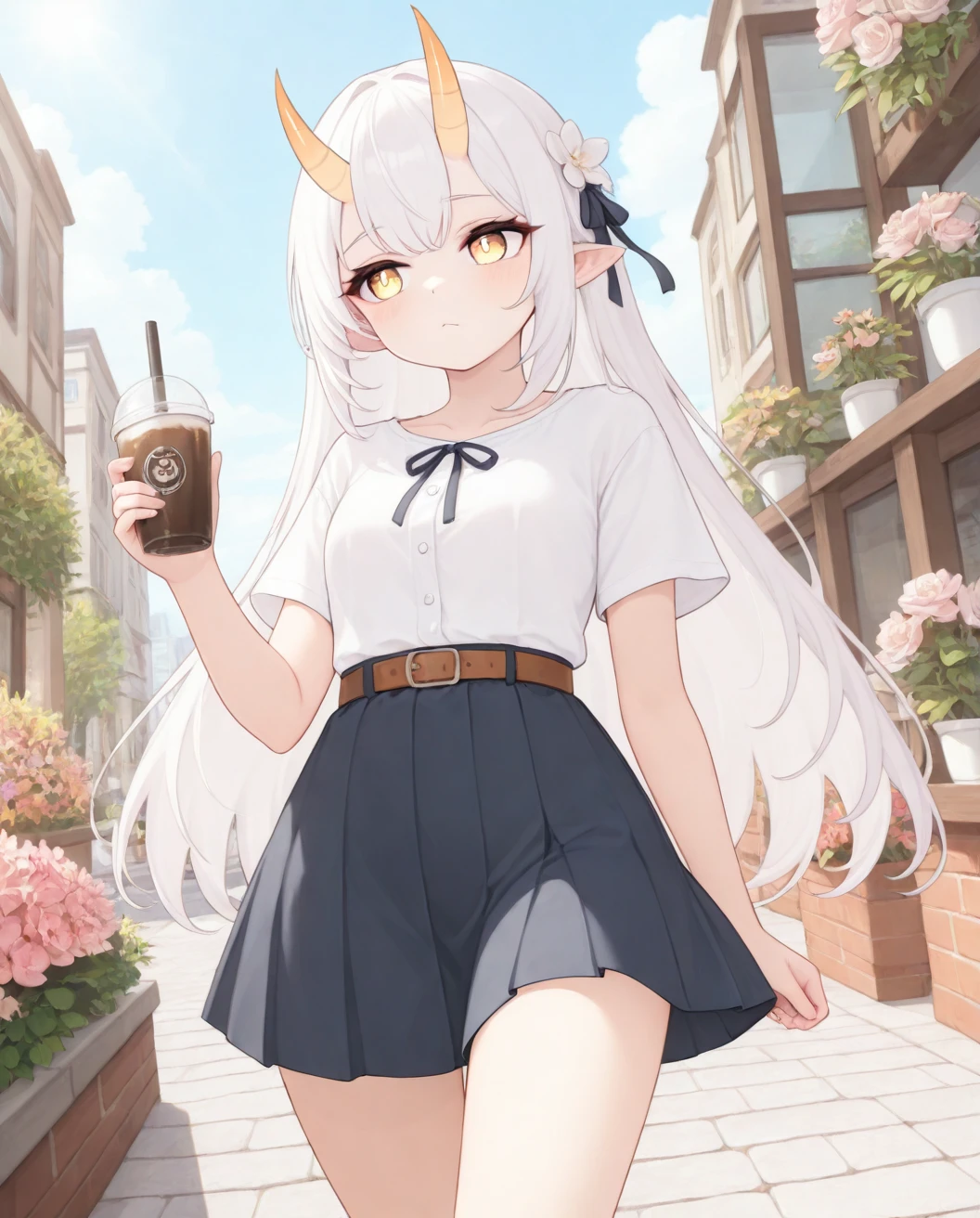 lazypos,<lora:yujin:0.7>,yujin,best quality,masterpiece,red_oni_horns,<lora:SakuraDG v3.0:0.3>,<lora:StS-Illustrious-Detail-Slider-v1.0:2>,yellow eyes,1girl,stylish casual outfit,short-sleeved blouse,light chiffon fabric,soft pastel colors,high-waist pleated skirt,belt,hair ribbon,long flowing hair,hair ornament,gentle smile,holding iced coffee,modern city street,flower shop,cafe,brick pavement,summer sky,fluffy clouds,warm sunlight,anime style,ultra detailed background,close-up,(from_below:1.1),dutch angle,looking_away,expressionless,pout,walking,