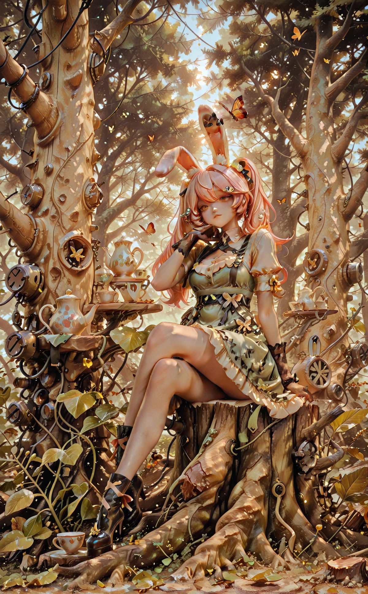 xpmbg, 1girl,  girl, rabbit girl, sitting on tree stump, lush forest, tea set, porcelain teacup, sunbeams through leaves, flowers, butterflies, gentle smile, frilly dress, lace gloves, ribbon in hair, crossed legs, relaxed pose, pastel colors