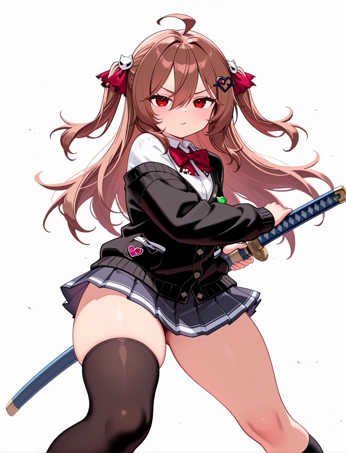 <lora:LECO-mature_female_XL(ill)v11:1> , <lora:Curvier:1>plump, thick thighs, wide hips, curvy,
<lora:EvilNeuro:1> EvilV3, brown hair, long hair, two side up, red ribbons, hair between eyes, ahoge, red eyes, broken-heart hair ornament, red bow, button badges, turtle pin, off shoulder black cardigan, sleeves past wrists, white collared shirt, black pleated microskirt, asymmetrical black thighhigh, black single thighhigh, brown loafers,
<lora:battoujutsu stance - XL - IL v1.0:1> weapon, holding sword, battoujutsu, battoujutsu stance, ready to draw, sheathed, unsheathing, scabbard, dynamic pose,, IllusP0s, masterpiece, best quality, amazing quality, very aesthetic, absurdres, newest, Smooth_Quality