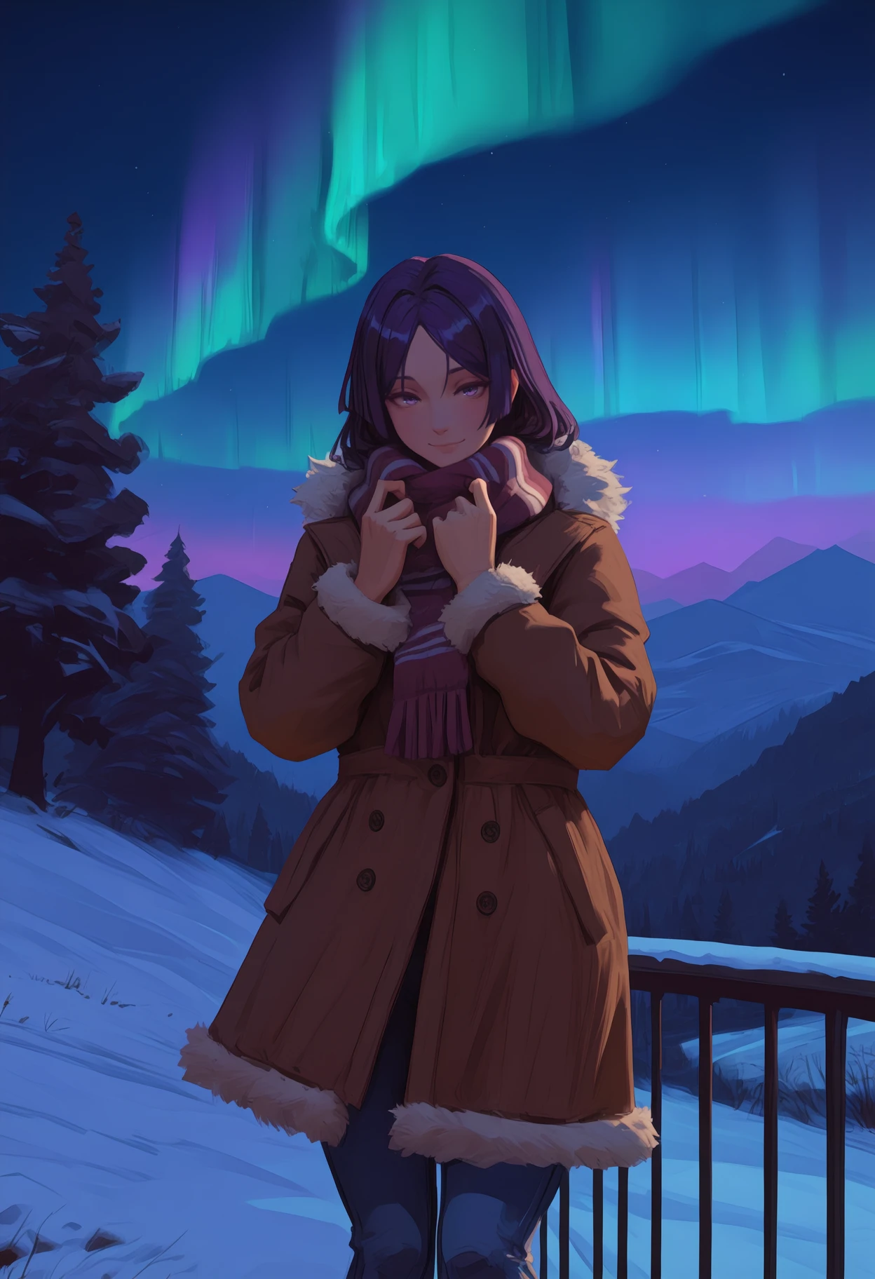 newest, painterly, solo, 1girl, smile, looking at viewer, standing, adjusting scarf, adjusting clothes, long hair, purple hair, parted bangs, purple eyes, winter clothes, brown coat, fur-trimmed coat, long sleeves, blue pants, jeans, striped scarf, outdoors, night, aurora, nature, snow, railing, tree, mountainous horizon
<segment:yolo-Anzhc Face seg 640 v3 y11n.pt,0.5,0.5//cid=11>