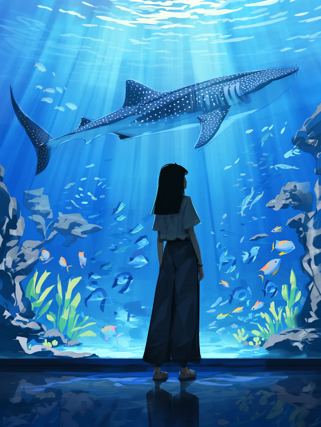 samdoesarts, A digital illustration of a silhouette of a woman standing in front of a large aquarium, looking at a whale shark. The woman has long black hair and is wearing wide-legged pants. The aquarium is filled with various types of fish and aquatic plants, and the water is a deep blue-green color. The whale shark is visible above the woman, with rays of light filtering through the water. The image has a dreamy, ethereal quality with a soft, dreamy atmosphere. The style is reminiscent of anime or manga art. <lora:samdoesarts_qwen:1>
