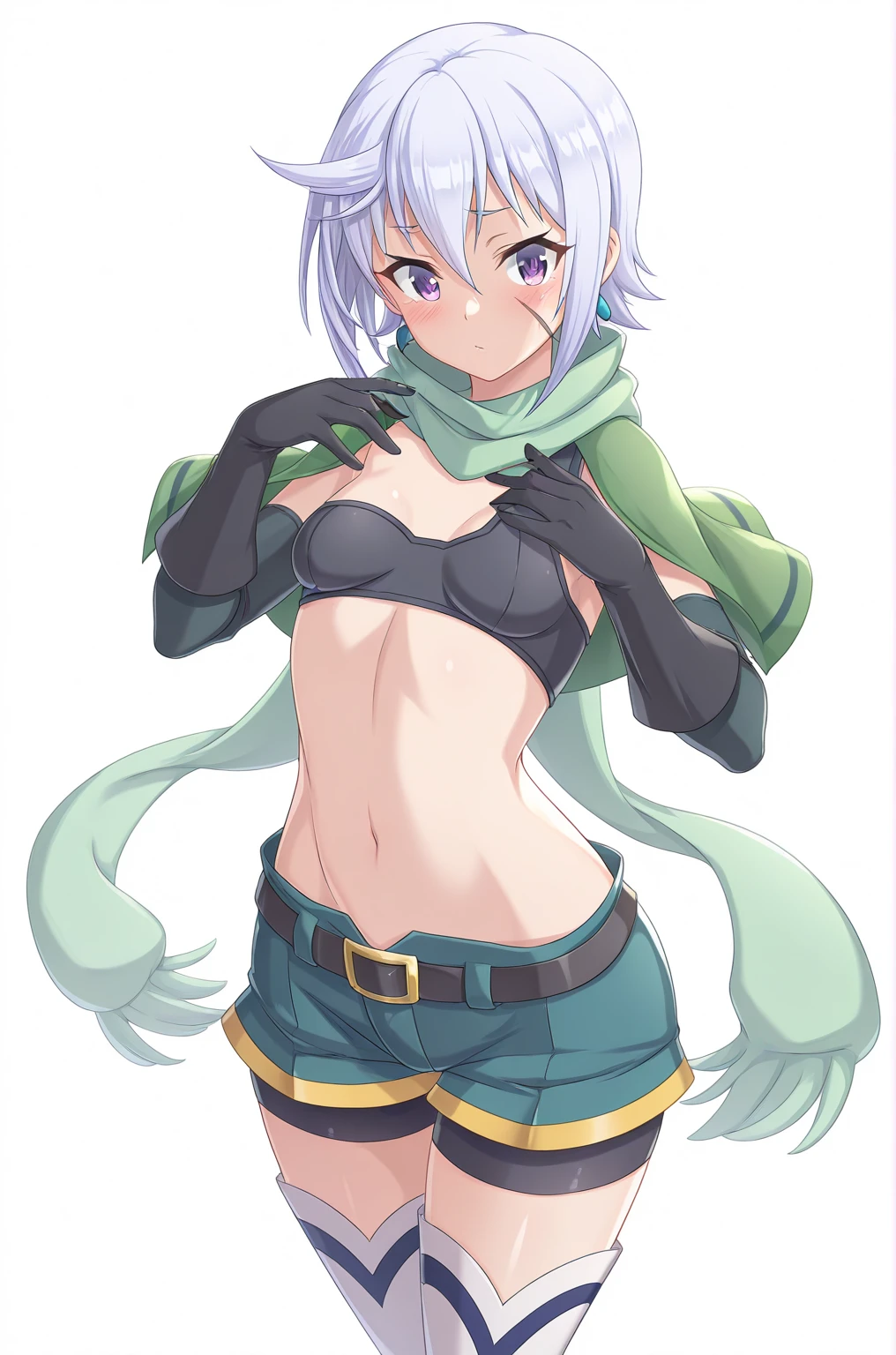 KonosubaFantasticDays-Liver020, masterpiece, best quality, amazing quality, best quality, amazing quality, shiny skin, white background, simple background, BREAK Chris-Liver020, 1 girl, solo, short hair, white hair, purple eyes, black gloves, elbow gloves, white thighhighs, blue shorts, bike shorts under shorts, belt, midriff, navel, crop top, tank top, bra with 1 strap, black bra, green capelet, jewelry, blue earrings, brown footwear, hair between eyes, small breasts, scar on face, scar on cheek, strapless, black crop top, single strap, green scarf
