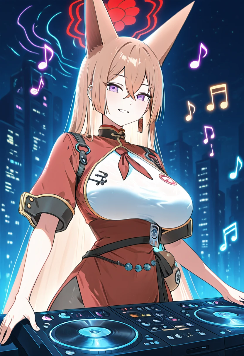 masterpiece, best quality, solo, curvy, beautiful eyes, narrow waist, wide hips, 1girl, solo, smile, looking at viewer,  zzRumi, purple eyes, crossed bangs, red halo, long hair, 1girl, solo, brown hair, animal ears, fox ears, halo, hair between eyes, large breasts,  chinese clothes, dress, short sleeves, pantyhose,   ,<lora:RumiBlueArchive_IXL_v1:1.0>, , solo, looking at viewer, smile, AdFF, turntable, blue theme, (music notes, upper body), <lora:AudioFileFuture_IXL_v1:1.0>