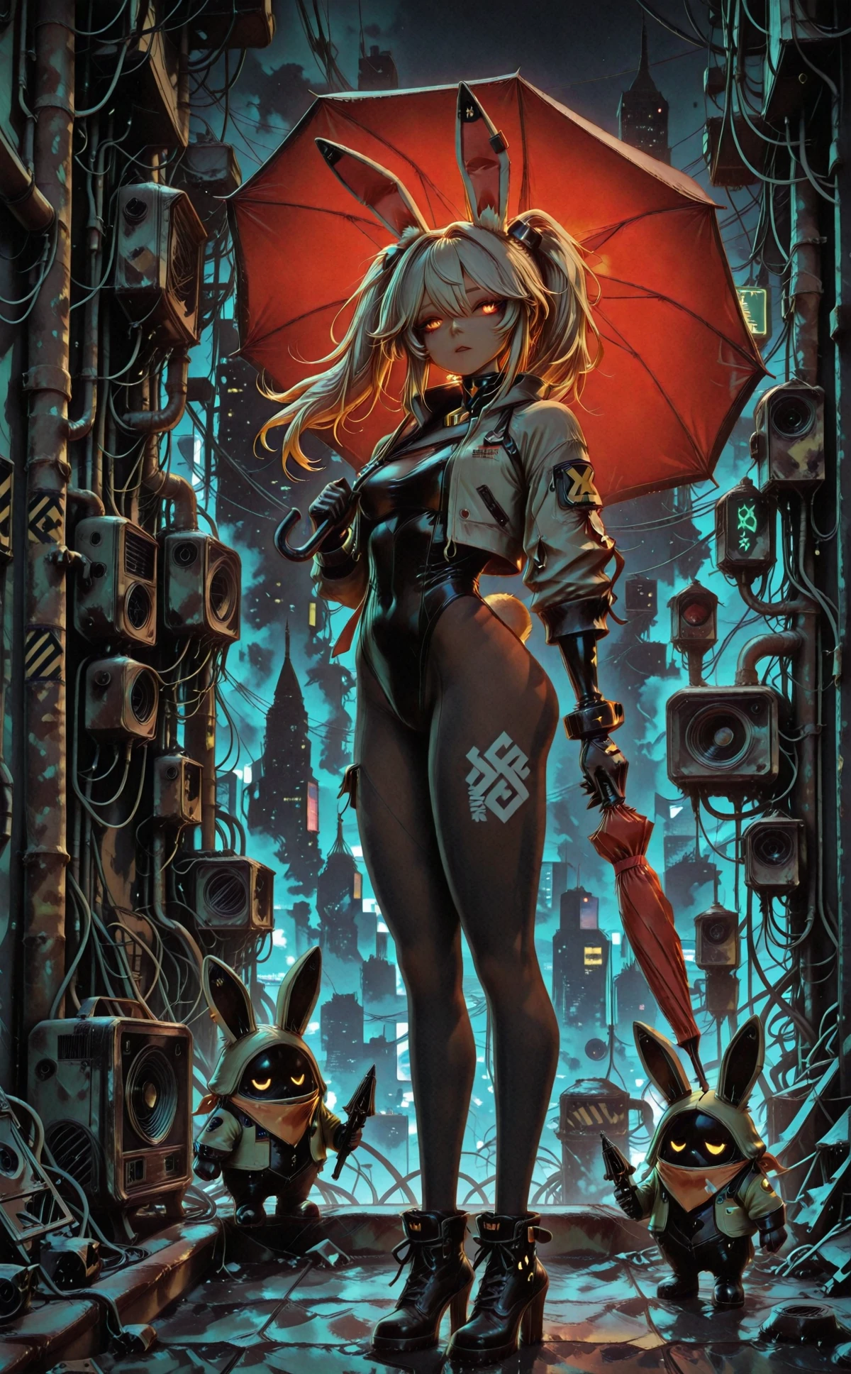 xpmbg, 1girl,  girl, rabbit girl, standing on rooftop, night cityscape, neon lights, skyline, cyberpunk, holding umbrella, long hair flowing, wind in hair, glowing eyes, form-fitting , high heels, dramatic lighting, looking over shoulder
