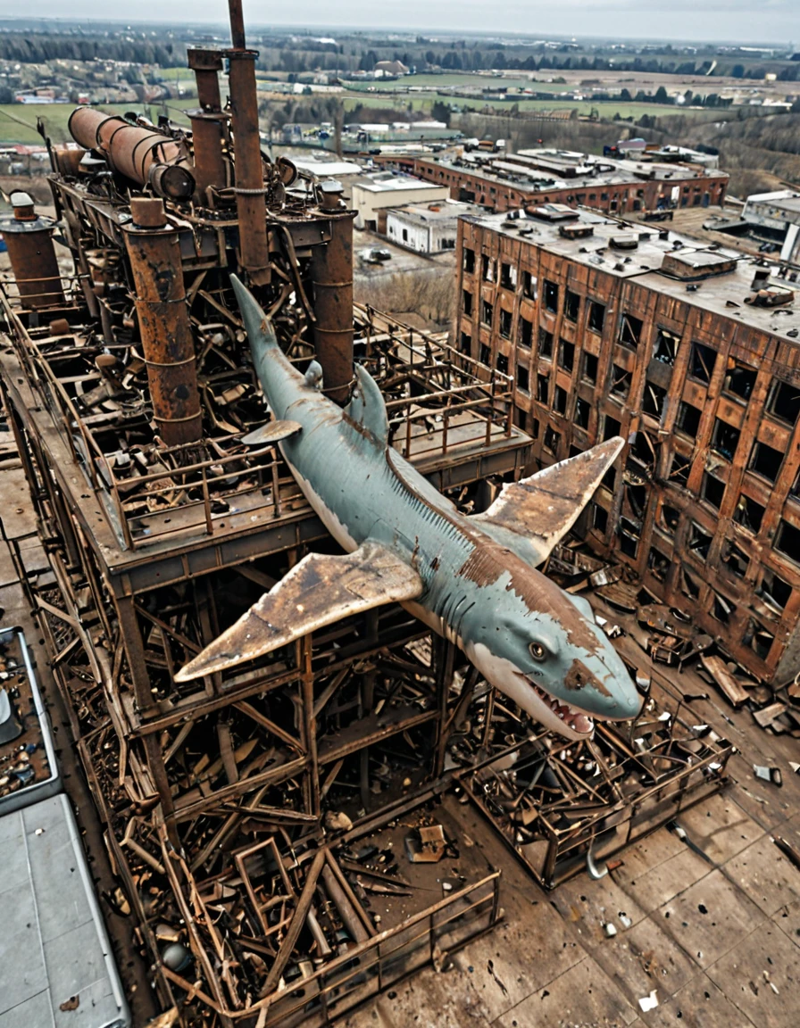 <lora:CW02_Lost_indusout_ill:1> cwlost, masterpiece, absurdres, 8k, insanely detailed, sharp focus, rusty, (statue:0.5), metal shark with wings, aerial view,