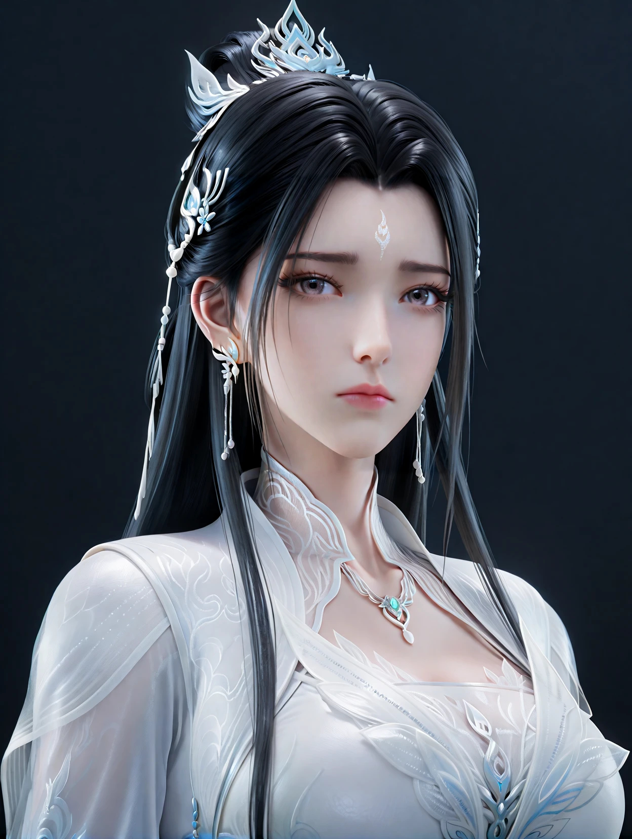 <lora:LuXueqi1llust:0.8>,
Lu Xueqi,(Zhu Xian),elegant female cultivator,1girl,jewelry,earrings,long hair,black hair,solo,hair ornament,forehead mark,facial mark,dress,upper body,hair bun,expressionless,necklace,simple background,closed mouth,white dress,looking at viewer,black_background,