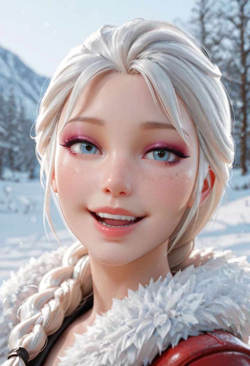 char1, 1girl, solo, blue eyes, freckles, smile, braid, looking at viewer, fur trim, hair over shoulder, single braid, blurry, long hair, day, makeup, open mouth, teeth, portrait, white hair, snow, lips, blurry background, outdoors, realistic