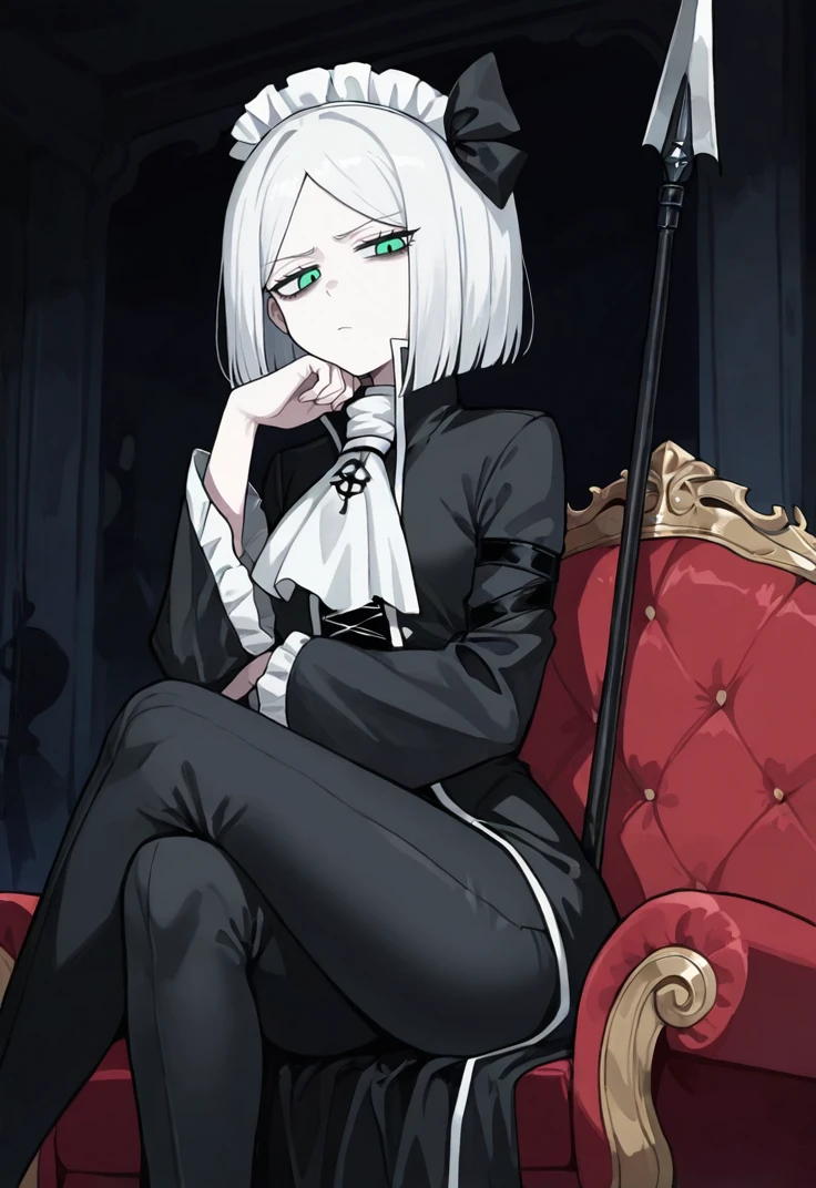 masterpiece, perfect face, beautiful face, perfect hands, beautiful hands, <lora:Pamela_Pameli_LOR_Illustrious:1>, 1girl, solo, WedgeLOR, PamelaLOR, medium hair, white hair, green eyes, maid headdress, white ascot, black dress, wide sleeves, black pants, black footwear, sitting on armchair, crossed legs, arm under chin, looking at viewer, bored face, holding spear, indoors, dark room