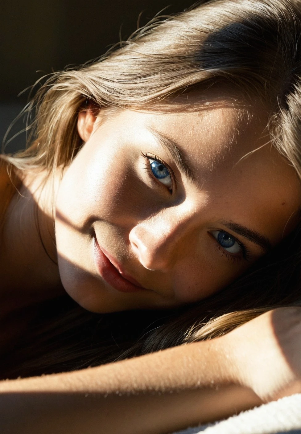 Masterpiece, Realistic, Photo, a stunning beautiful 19 year old girl, (latin girl:1.3), nude, upper body photo, very long hair, delicate body, petite face, slim, blue eyes, naked, lying on her stomach, chin resting on her arms, subtle backlit by diffused soft morning light, soft rural diffused light around her, skin details, realistic skin texture, blush, grainy film texture, raw amateur aesthetic, gentle smile, nature, RAW, HDR, Intricate Details, 4K, very detailed skin textures, shy smile, blueish diffused light,