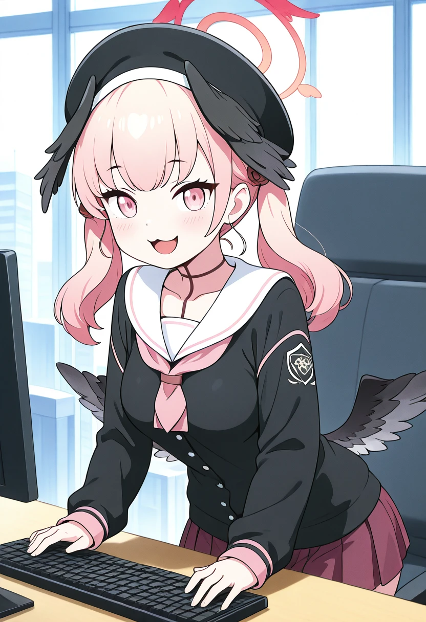 masterpiece, best quality, solo, curvy, beautiful eyes, narrow waist, wide hips, 1girl, solo, smile, looking at viewer, zzKoharu, pink eyes, pink hair, pink halo, wings, head wings, black wings, twintails, feathered wings, halo, long hair, aged up, large breasts, low wings, black headwear, beret, black shirt, long sleeves, pleated skirt, white sailor collar, ,<lora:ShimoeKoharuBlueArchive_IXL_v1:1.0>, ,smile, open mouth, upper body, :3, window, chair, facing viewer, desk, computer, monitor, on chair, keyboard (computer), office , <lora:CitronLegacy_IXL:1.0>,