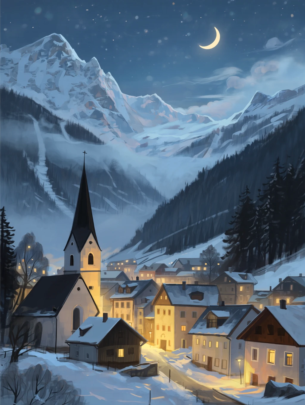 samdoesarts, Nighttime alpine village nestled in valley, crescent moon illuminating snow-capped mountains. Small, picturesque village with traditional European-style houses, various sizes and architectural details. Houses are muted tones of beige, brown, and gray, with some light shining from windows, creating warm ambient glow. A church tower stands prominently in the foreground, featuring a dark, pointed roof. Dark, dense evergreen forest surrounds the village. Snow-capped mountains in the background rise dramatically, with soft, misty clouds clinging to their slopes. Muted blues and grays dominate the color scheme, with hints of white from the snow and soft, warm yellows from the illuminated windows. The lighting is soft and atmospheric, casting a gentle glow on the village and mountains. The perspective is a wide-angle view, capturing the entire village nestled within the valley. The mood is serene, peaceful, and slightly melancholic. The style is evocative of traditional European folk art, with soft brushstrokes and muted tones. Crescent moon high in the night sky, with visible stars. Detailed depiction of the mountains and trees. The composition focuses on the quiet beauty of the alpine village. Evening sky. Atmospheric. Dreamlike. <lora:samdoesarts_qwen:1>