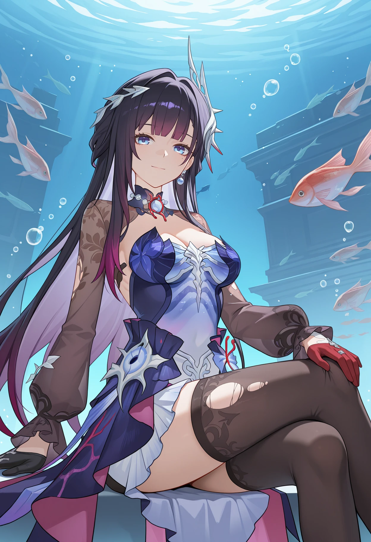 <lora:æµ·çé³ v1.1-Illustrious:1>,
hysilens \(honkai: star rail\),solo,gloves,breasts,smile,long sleeves,looking at viewer,dress,hair ornament,jewelry,closed mouth,half gloves,black gloves,earrings,medium breasts,cleavage,purple dress,single earring,strapless,strapless dress,ribs,cowboy_shot,blue dress,blue eyes,purple eyes,red glove,see-through,crossed_legs,sitting,black thighhighs,torn thighhighs,underwater,air_bubble,bubble,fish,swirl,black hair,purple hair,