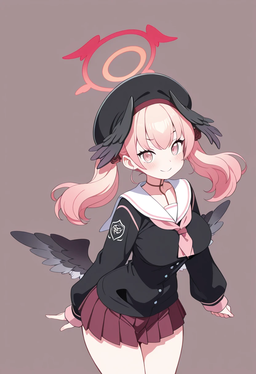 masterpiece, best quality, solo, curvy, beautiful eyes, narrow waist, wide hips, 1girl, solo, smile, looking at viewer, zzKoharu, pink eyes, pink hair, pink halo, wings, head wings, black wings, twintails, feathered wings, halo, long hair, aged up, large breasts, low wings, black headwear, beret, black shirt, long sleeves, pleated skirt, white sailor collar, ,<lora:ShimoeKoharuBlueArchive_IXL_v1:1.0>, , smile, looking at viewer, cowboy shot, <lora:HaradaTakehitoIXL_v3:0.8>, <lora:ZankuroIXLLight_v2:0.3>,