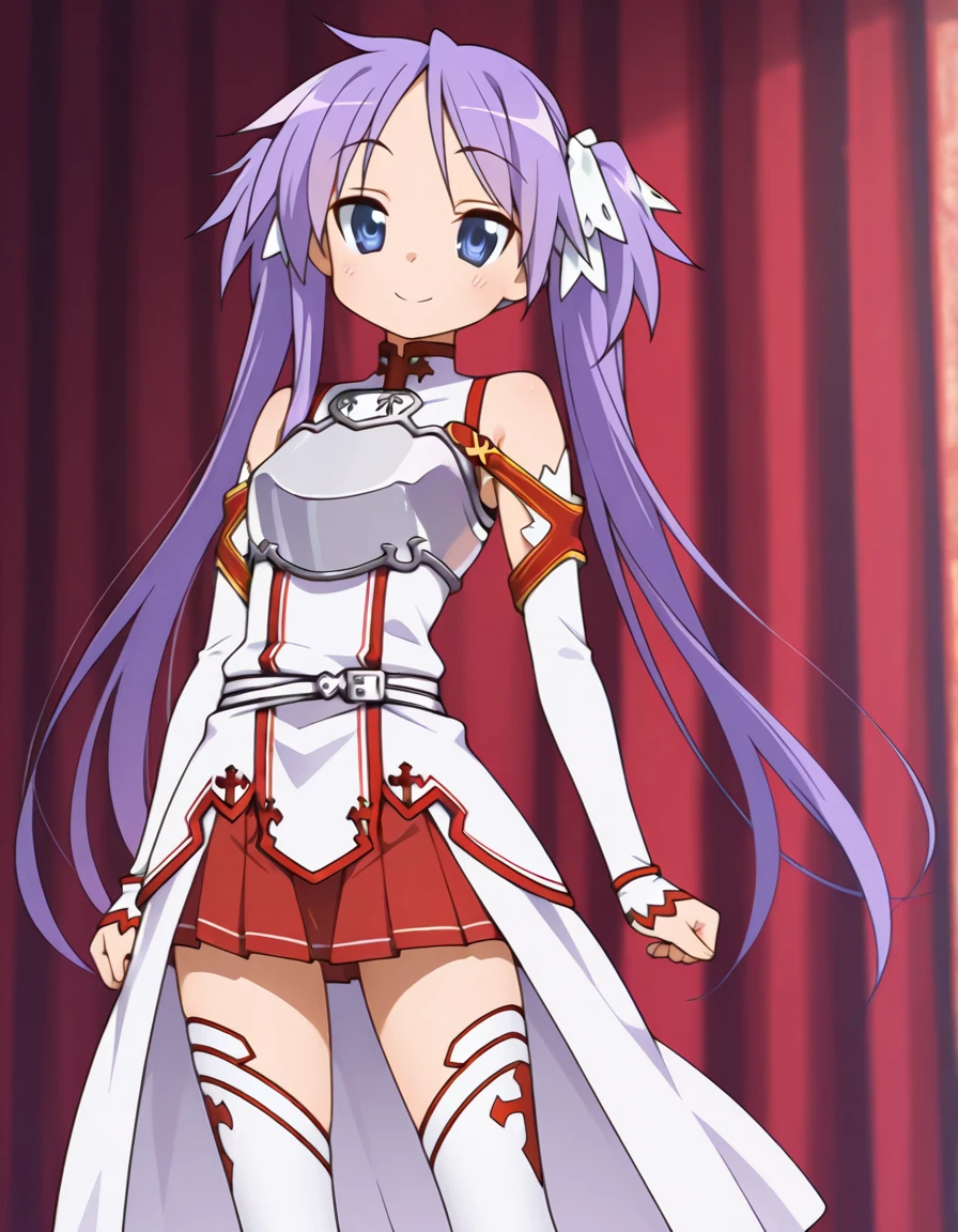 masterpiece, best quality, amazing quality, ultra detail, best resolution, good , good hand,
BREAK 1girl, solo, posing, smile,
BREAK <lora:Knights-of-the-Blood-Oath-uniform-illustrious v2:0.8> Knights-of-the-Blood-Oath-uniform, white thighhighs, detached sleeves, skirt, white dress, waist cape, breastplate, red skirt, pleated skirt, mini skirt,  shoulders,
BREAK <lora:kagami-hiiragi-s1-illustriousxl-lora-nochekaiser:1> kagami hiiragi, long hair, blue eyes, ribbon, twintails, hair ribbon, purple hair,