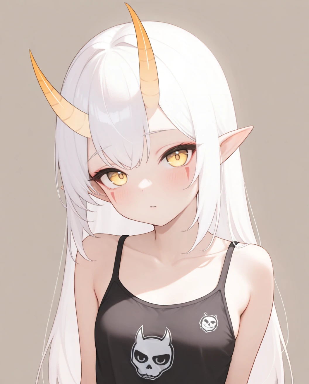 lazypos,<lora:yujin:0.7>,yujin,best quality,masterpiece,red_oni_horns,yellow eyes,bust,upper_body,looking_at_viewer,small breasts,simple background,teen,
