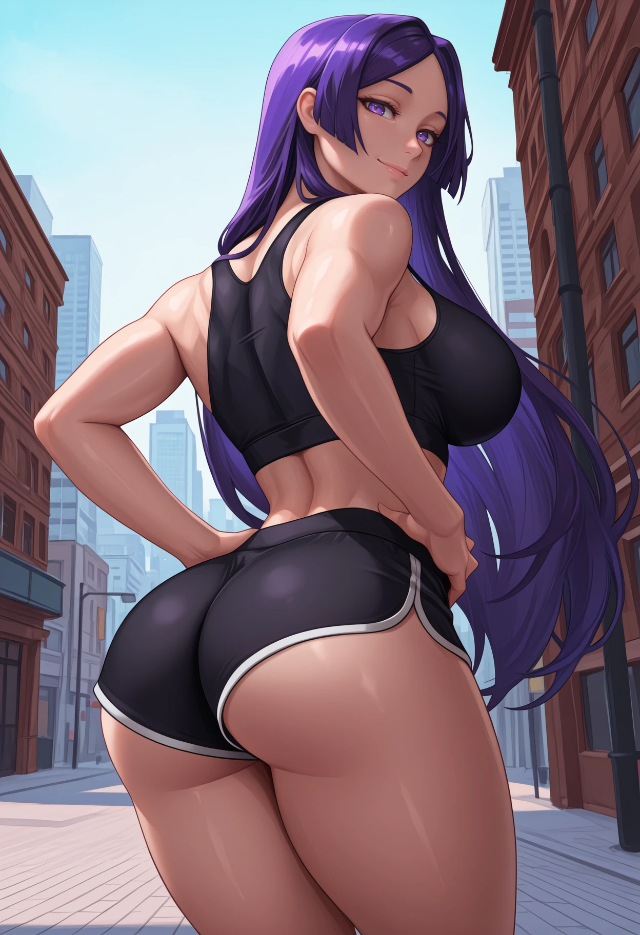 newest, , solo, 1girl, smile, looking back, looking at viewer, hands on own , long hair, purple hair, parted bangs, purple eyes, black sports bra, black shorts, dolphin shorts, short shorts, , , outdoors, day, city street
<segment:yolo-Anzhc Face seg 640 v3 y11n.pt,0.5,0.5//cid=11>