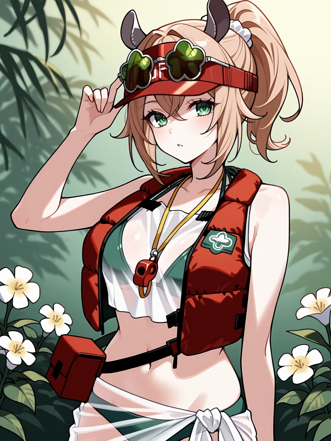masterpiece, best quality, 1girl, solo, <lora:MrKeb_NimiNightmare_ILv2:1>, vtnimi, green eyes, short hair, brown hair, ponytail, white scrunchie, tapir ears, medium breasts, green bikini, see-through tank top, crop top, bikini under clothes, red vest, life vest, visor cap, sunglasses on head, flower sunglasses, whistle around neck, red waist bag, sarong