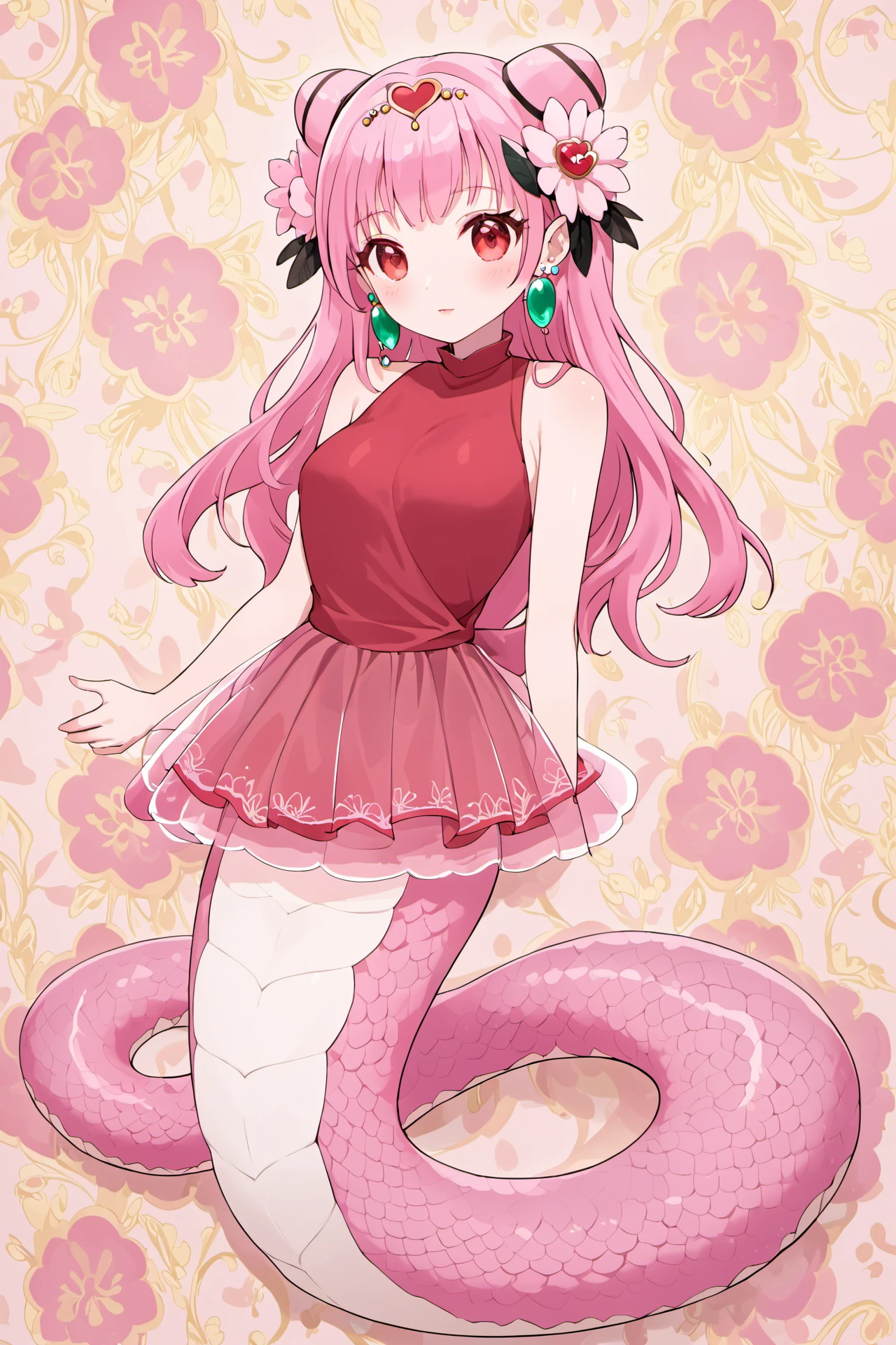 ((Masterpiece, best quality, illustration, high resolution, hyper detail, finely detailed, ultra-detailed),
8k, Wallpaper, grand, an extremely delicate and beautiful, anime, pixiv, colorful, distinct, bishoujo),
detailed cute anime face, perfect face, sharp,
1girl, solo, full body, outdoors,
<lora:SDXL_LoCon_lamia_bt08_ep032_01664_1024_dim064_a008_con032_a004_LR00200_snr05_noise05_del:1>
Lamia, monster girl, pink scales
BREAK
<lora:sdxl-lyco-cure-yell-animagine_xl_3_1-v1:1>, Cureyell, red eyes, long pink hair,
red heart hair ornament, hair flower, earrings, sleeveless, shoulder cutout, red shirt, see-through, pink miniskirt