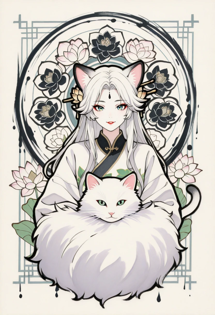 (masterpiece),(best quality),(ultra-detailed),very aesthetic,absurdres, newest,scenery,
<lora:Ink_Blossom:1> inbls
(portrait:1.4), upper body, facing viewer, straight-on
1girl, jewelry, red chinese clothes, makeup, hair pin, long hair, white cat ears,white fluffy cat tail, fluffy tail, lotus print, cat girl, white hair, white fur, holding black lotus, (black lotus:1.5), (lotus made of ink:1.5), animal ears
holding black lotus made of ink
flower hair ornament
smile, parted lips, looking at viewer
flower background, flower petals
ink background
(ink:1.3), gouache \(medium\), watercolor effect, (painterly:1.4), watercolor \(medium\), (painting \(medium\):1.4), (ink swirl:1.6), ink splatter, paint splatter, paintbrush
(lineart:1.6), (thick lineart:1.7)
(ukiyo-e:1.2), (black outline:1.4), (sumi-e:1.3)