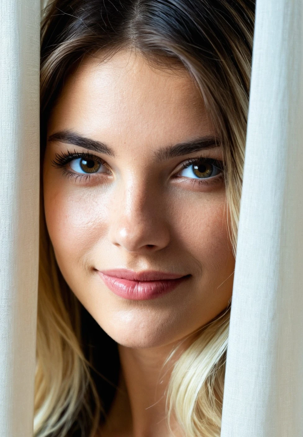 Photo, RAW, Best Quality, High Quality, HDR, 4K, Intricate Details, Beautiful, very detailed, volumetric lighting, Confused, Soft features, absurdres, 21yo french woman, beautiful eyes, shy, seductive, teasing, playful, action, motion, colorful, dynamic angle, darkbrown hair gradient transition to whiteblonde on the tips, small oval face, monolid eyes, lips apart, (upper body photo:1.3), face framed between two curtains, structure, realistic, ultra detailed, realistic skin texture, gentle smile,