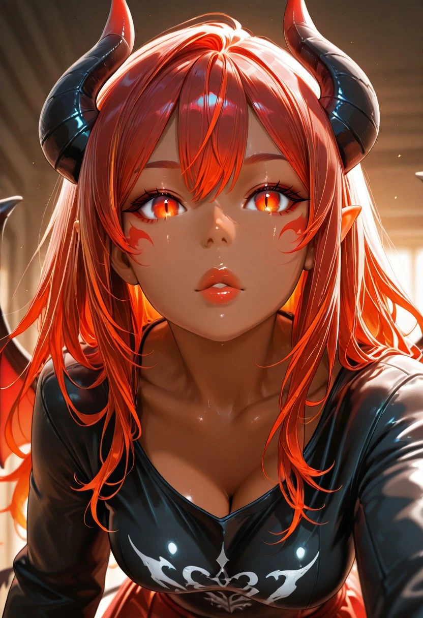 score_9_up, score_8_up, score_7_up, masterpiece, absurdres, raytracing, ambient occlusion, dynamic, cinematic, depth of field,8K,illustration, shiny hair,clear skin,(((ultra-detailed-eyes:1.4))), (((perfectly shaped lips:1.3))), ((ultra-detailed face:1.3)), [1succubus woman, black horns with red tips, bat wings with black frame and gradient red, black tail, red flaming eyes, red lip color, red fiery hair with yellow and orange tips, two colors hair, long hair, dark skin, toned body, long sharp fingernails, wearing a loose white T shirt and long floaty skirt], dynamic positions