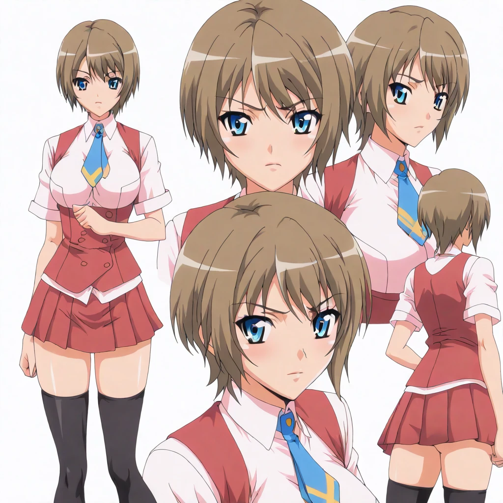 solo,masterpiece,high score,great score,absurdres,anime coloring,looking at viewer,<lora:character_Sheet_XL:0.5> character sheet, multiple views, white background,<lora:AyaneInui hassakuill30:1> ayaneinui, brown hair, short hair, blue eyes,school uniform,necktie,skirt,black thighhighs,
