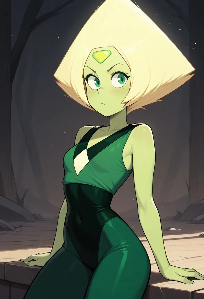 masterpiece, best quality, newest, absurdres, highres, 1girl, solo, peridotILL, green skin, green eyes, blonde hair, short hair, green sleeveless bodysuit,