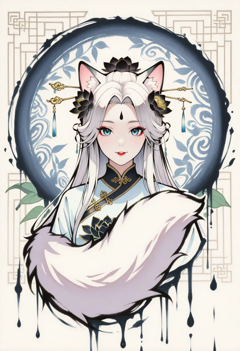 (masterpiece),(best quality),(ultra-detailed),very aesthetic,absurdres, newest,scenery,
<lora:Ink_Blossom:1> inbls
(portrait:1.4), upper body, facing viewer, straight-on
1girl, jewelry, red chinese clothes, makeup, hair pin, long hair, white cat ears,white fluffy cat tail, fluffy tail, lotus print, cat girl, white hair, white fur, holding black lotus, (black lotus:1.5), (lotus made of ink:1.5), animal ears
holding black lotus made of ink
flower hair ornament
smile, parted lips, looking at viewer
flower background, flower petals
ink background
(ink:1.3), gouache \(medium\), watercolor effect, (painterly:1.4), watercolor \(medium\), (painting \(medium\):1.4), (ink swirl:1.6), ink splatter, paint splatter, paintbrush
(lineart:1.6), (thick lineart:1.7)
(ukiyo-e:1.2), (black outline:1.4), (sumi-e:1.3)