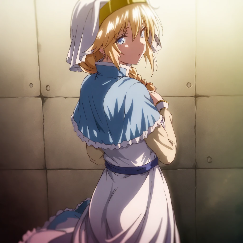 solo,anime coloring,looking at viewer,masterpiece,high score,great score,absurdres,cowboy_shot,<lora:ElenaCleric ag4o:1> elenacleric, blonde hair, braid, blue eyes,nun,dress,capelet,sash,sandals,from back,