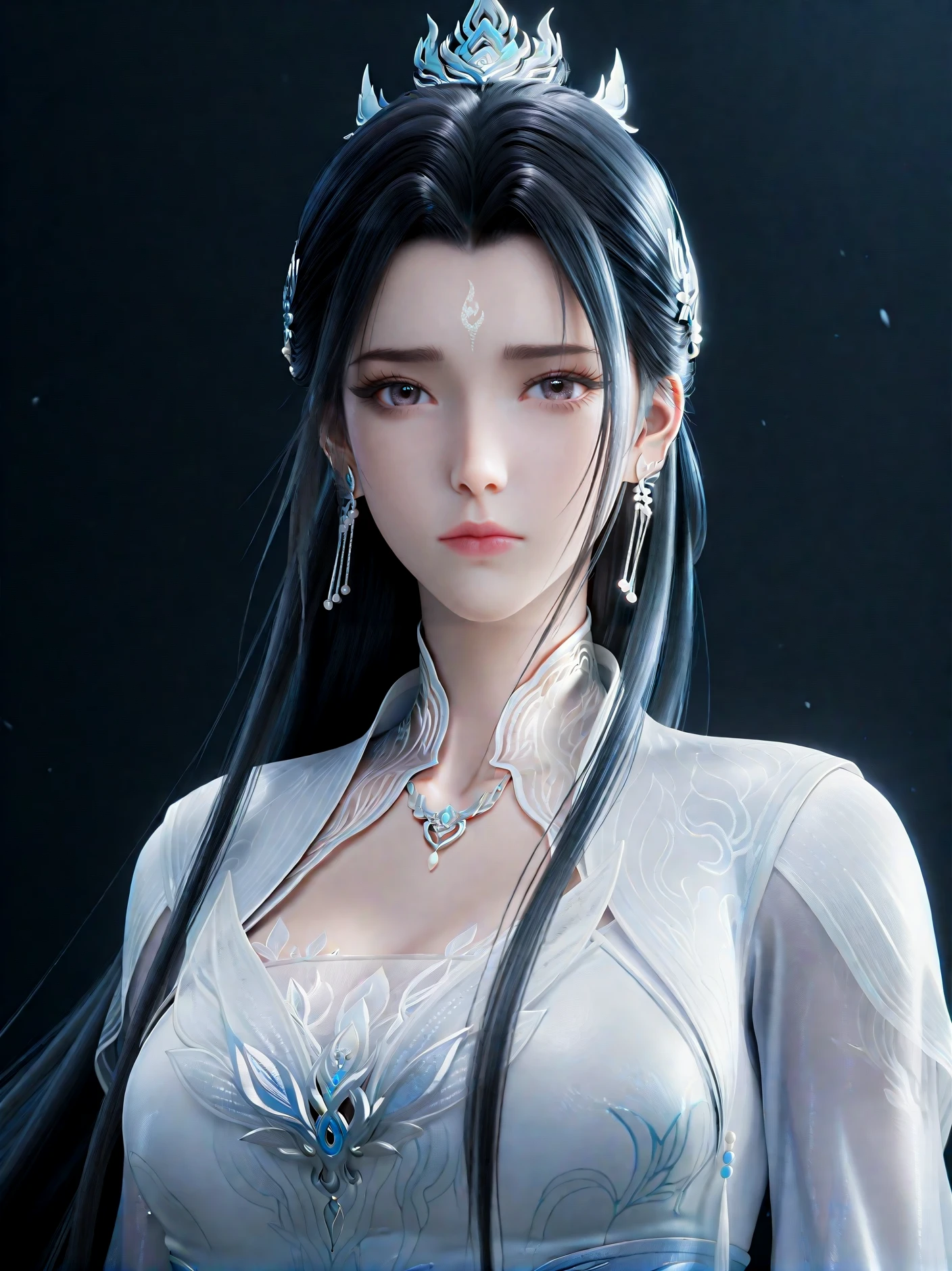 <lora:LuXueqi1llust:0.8>,
Lu Xueqi,(Zhu Xian),elegant female cultivator,1girl,jewelry,earrings,solo,long hair,hair ornament,forehead mark,black hair,facial mark,dress,upper body,closed mouth,looking at viewer,expressionless,black_background,