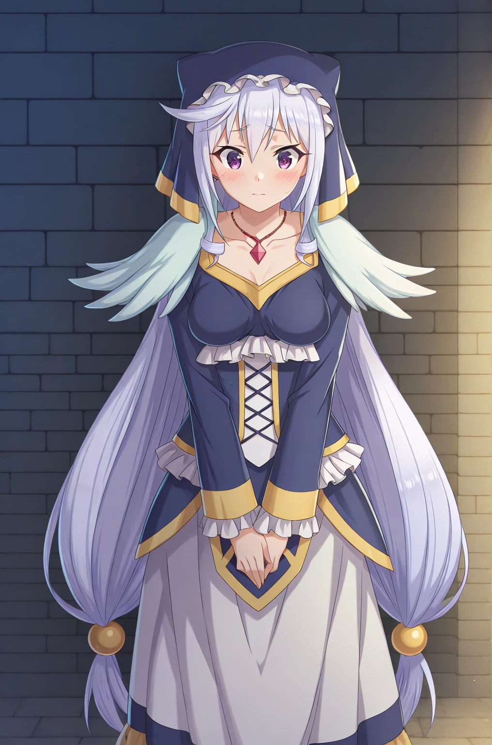 KonosubaFantasticDays-Liver020, masterpiece, best quality, amazing quality, best quality, amazing quality, shiny skin, BREAK Eris-Liver020, 1girl, long hair, very long hair, low-tied long hair, twintails, white hair, purple eyes, jewelry, necklace, hair ornament, dress, long sleeves, medium breasts, collarbone, veil, hood, cape, cloak, blue habit, habit, nun, white stockings, white skirt, white long skirt, medium breasts, blue sleeves, ornaments, blue shoes, frills, hat, nun attire, white shoulder pads, white and blue hagoromo dress, blue coif, blue shirt, blue bra