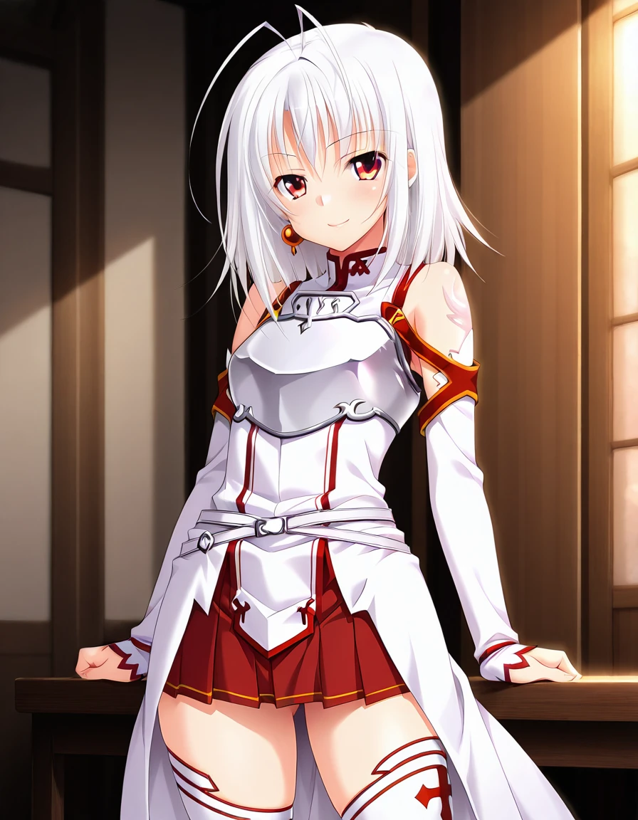 masterpiece, best quality, amazing quality, ultra detail, best resolution, good , good hand,
BREAK 1girl, solo, posing, smile,
BREAK <lora:Knights-of-the-Blood-Oath-uniform-illustrious v2:0.8> Knights-of-the-Blood-Oath-uniform, white thighhighs, detached sleeves, skirt, white dress, waist cape, breastplate, red skirt, pleated skirt, mini skirt,  shoulders,
BREAK <lora:kagami-tsuki Sarasara Sasara (Atelier Kaguya)-illustrious:1> tsuki-kagami, white hair, double antenna hair, medium hair, earring, rufous eyes, small , purple tattoo,
