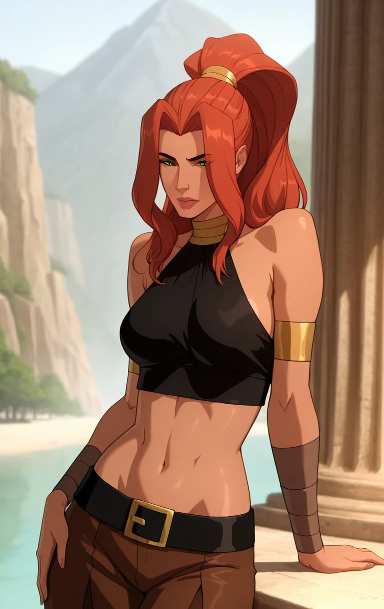 "0" :"masterpiece, best quality, highres,best quality, amazing quality, very aesthetic, high resolution, ultra-detailed,1girl, solo, long hair, breasts, green eyes, bare shoulders, medium breasts, green hair, red hair, belt, pointy ears, belt buckle, armband, arm support, brown skin, high ponytail,art3m1s,((shinny skin,cowboy shot))",
