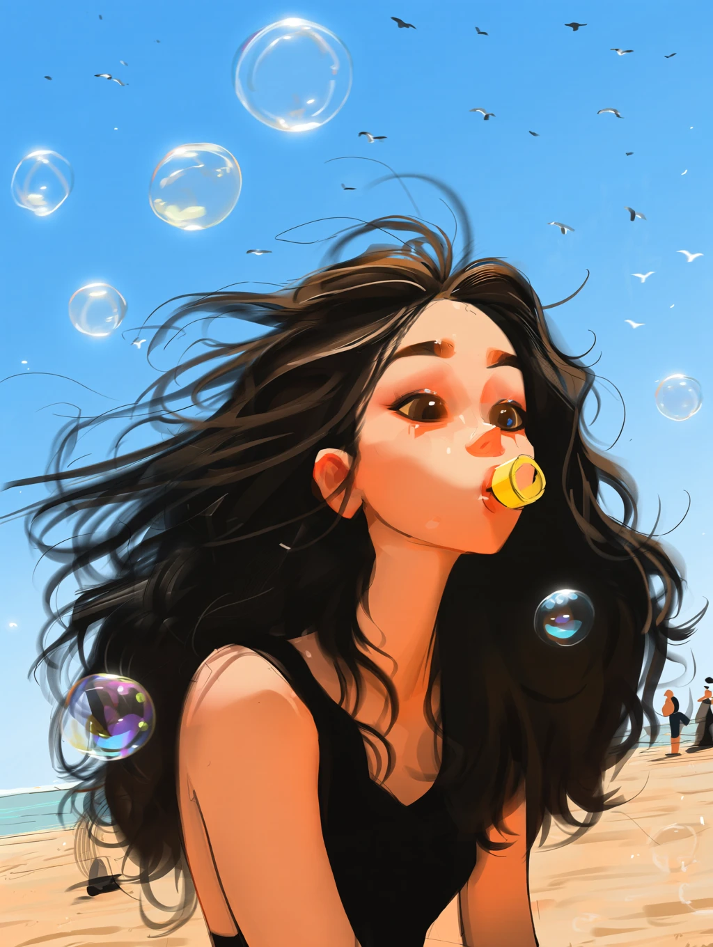 samdoesarts, A digital illustration of a young woman with long, wavy black hair blowing soap bubbles on a sunny beach. She is wearing a black top and has a playful expression on her face. The background features a clear blue sky with a few birds flying, and a few people in the distance. The woman is holding a small yellow object in her mouth, and there are several soap bubbles floating around her. The style is vibrant and colorful, with a playful and whimsical atmosphere. <lora:samdoesarts_qwen:1>