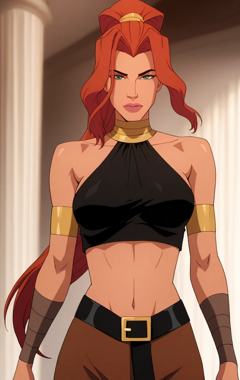 "0" :"masterpiece, best quality, highres,best quality, amazing quality, very aesthetic, high resolution, ultra-detailed,1girl, solo, long hair, breasts, green eyes, bare shoulders, medium breasts, green hair, red hair, belt, pointy ears, belt buckle, armband, brown skin, high ponytail,art3m1s,((shinny skin,cowboy shot))",