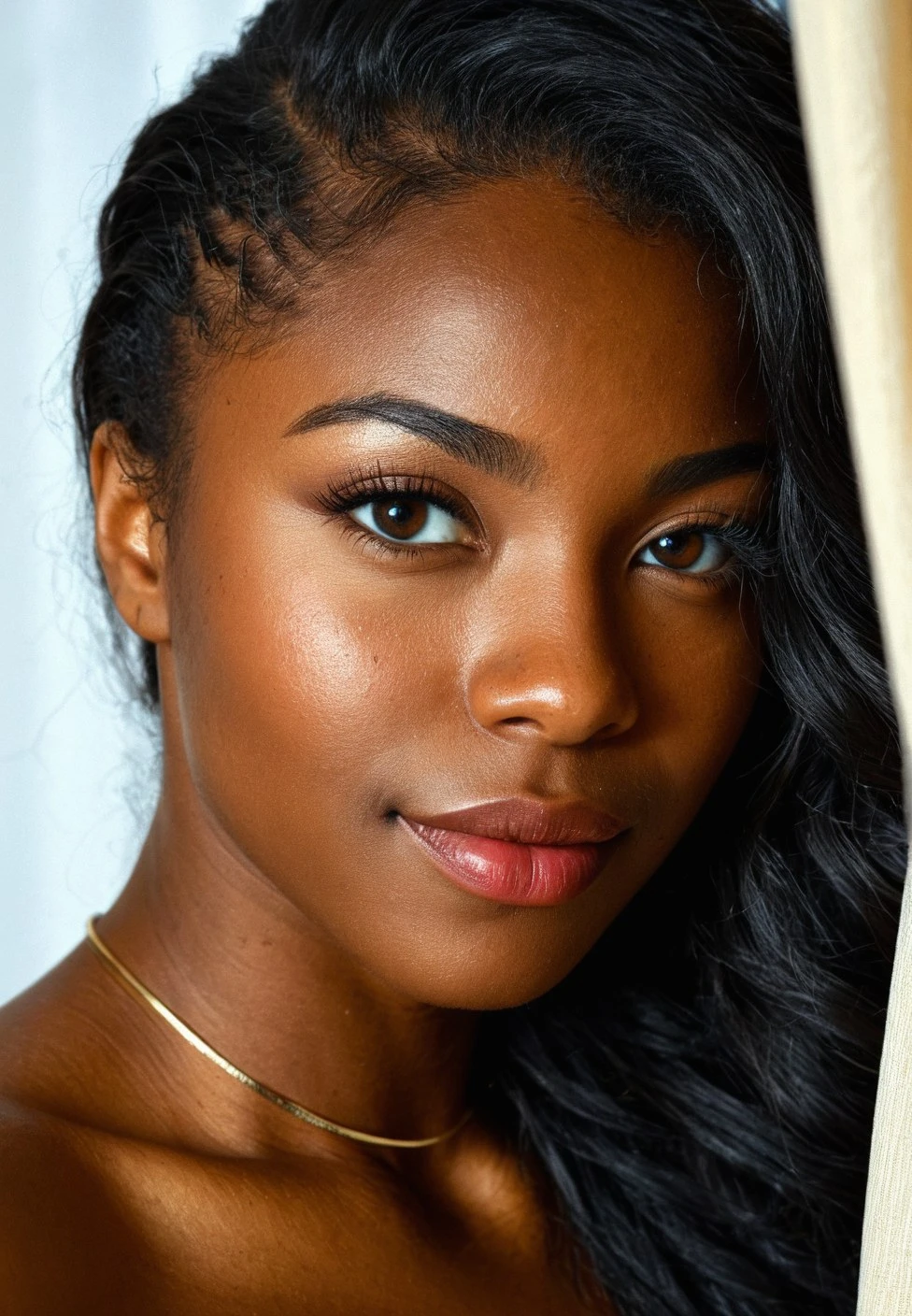 Photo, RAW, Best Quality, High Quality, HDR, 4K, Intricate Details, Beautiful, very detailed, volumetric lighting, Confused, Soft features, absurdres, 21yo black african woman, beautiful eyes, shy, seductive, teasing, playful, action, motion, colorful, dynamic angle, oval face, monolid eyes, lips apart, (upper body photo:1.3), face framed between two curtains, structure, realistic, ultra detailed, realistic skin texture, gentle smile,