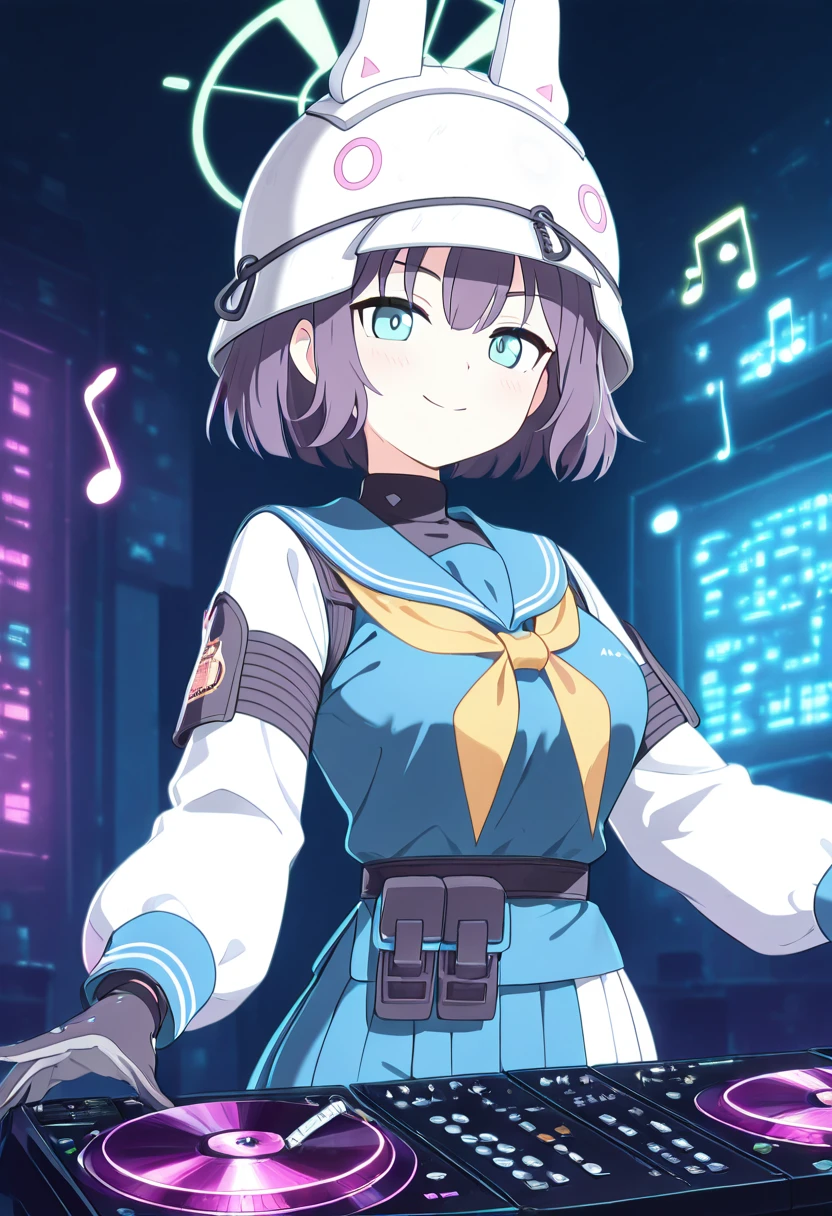 masterpiece, best quality, solo, curvy, beautiful eyes, narrow waist, wide hips, 1girl, solo, smile, looking at viewer, zzSaki, aqua eyes, purple hair, short hair, hair between eyes, green halo,  black gloves, blue sailor collar, serafuku, yellow neckerchief, helmet, rabbit ears, fake animal ears, long sleeves, belt, pleated skirt,   ,<lora:SoraiSakiBlueArchive_IXL_v1:1.0>,  , solo, looking at viewer, smile, AdFF, turntable, blue theme, (music notes, upper body), <lora:AudioFileFuture_IXL_v1:1.0>