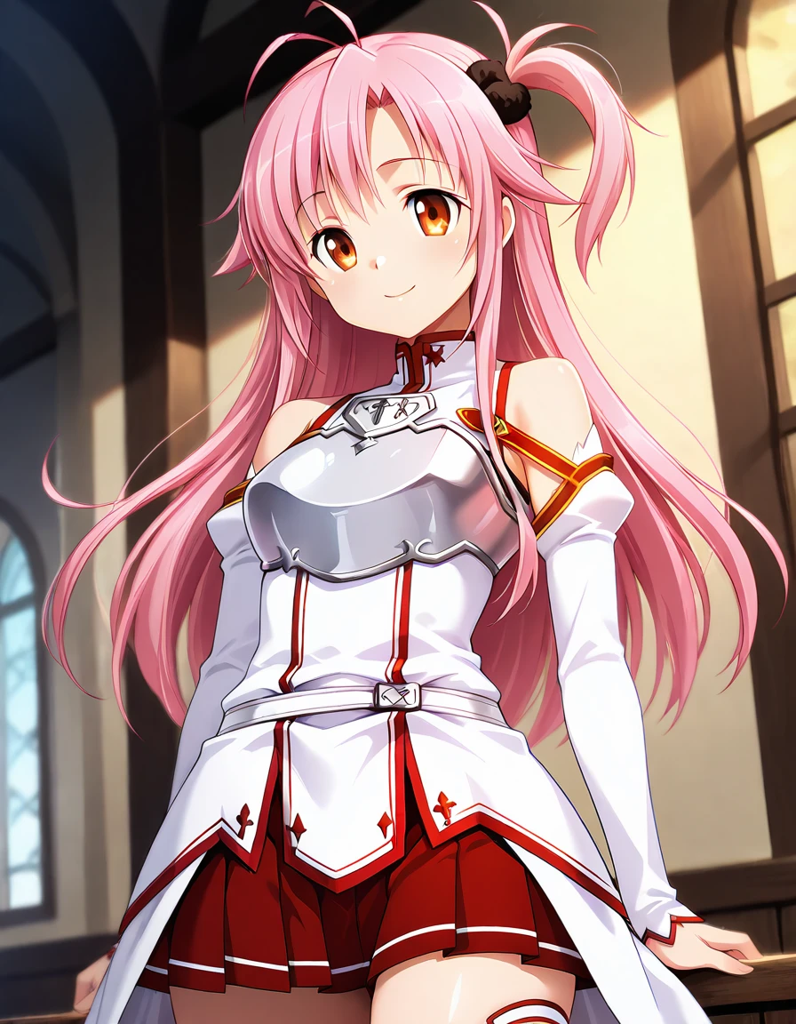 masterpiece, best quality, amazing quality, ultra detail, best resolution, good , good hand,
BREAK 1girl, solo, posing, smile,
BREAK <lora:Knights-of-the-Blood-Oath-uniform-illustrious v2:0.8> Knights-of-the-Blood-Oath-uniform, white thighhighs, detached sleeves, skirt, white dress, waist cape, breastplate, red skirt, pleated skirt, mini skirt,  shoulders,
BREAK <lora:hibiri-tomoe Prima Stella (Atelier Kaguya)-illustrious:1> tomoe, pink hair, long hair, 2antenna hair, one-side up, orange eyes, hair bobbles, ,