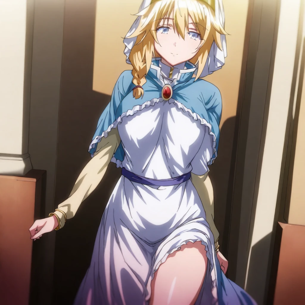 solo,anime coloring,looking at viewer,masterpiece,high score,great score,absurdres,cowboy_shot,<lora:ElenaCleric ag4o:1> elenacleric, blonde hair, braid, blue eyes,nun,dress,capelet,sash,sandals,