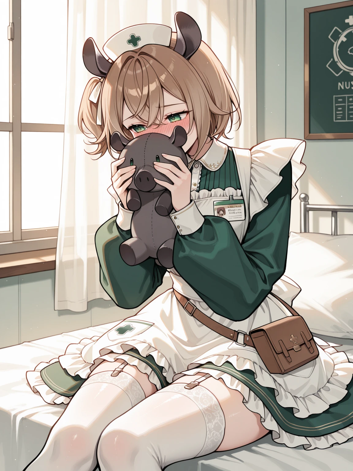 masterpiece, best quality, 1girl, solo, <lora:MrKeb_NimiNightmare_ILv2:1>, vtnimi, green eyes, short hair, brown hair, one side up, white hair ribbon, tapir ears, covering face, nose blush, nurse cap, green dress, collared dress, puffy long sleeves, white apron, id badge, waist bag, white thighhighs, garter straps, frilled apron, frilled dress, hugging plush, sitting, indoors