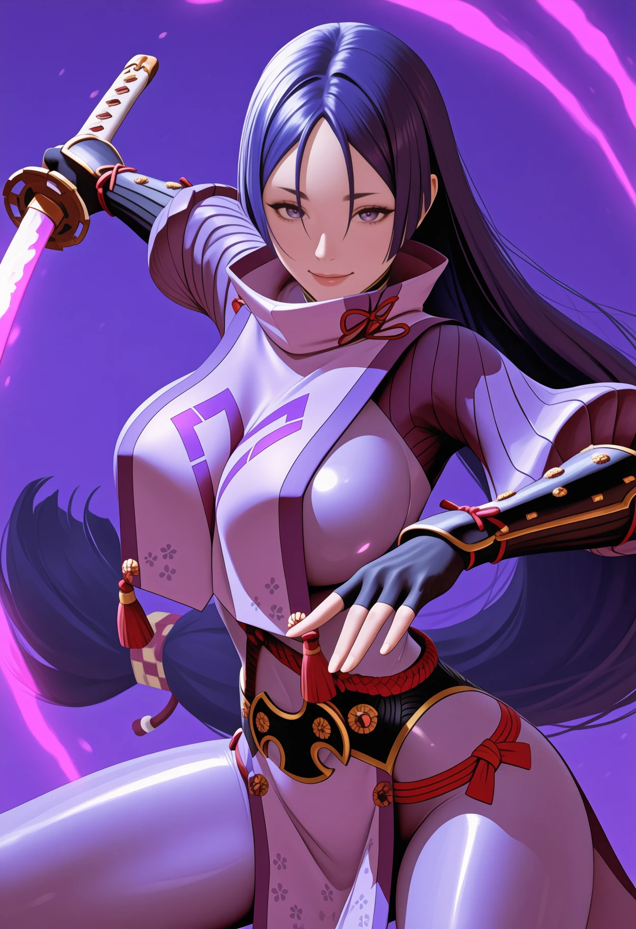 newest, solo, 1girl, smile, looking at viewer, fighting stance, incoming attack, swinging, holding sword, katana, long hair, purple hair, parted bangs, purple eyes, japanese armor, tabard, tassel, purple , ribbed sleeves, arm guards, kote, black gloves, fingerless gloves, rope, loincloth, , abstract background
<segment:yolo-Anzhc Face seg 640 v3 y11n.pt,0.5,0.5//cid=11>