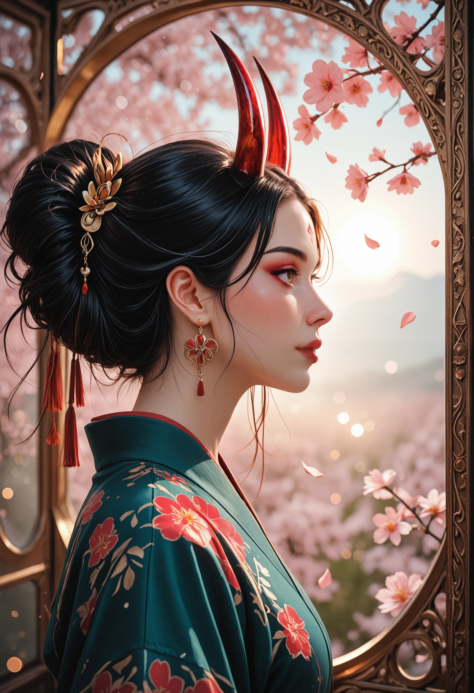 breathtaking detailed, masterpiece, absurdres, awe-inspiring, best quality, vibrant colors,  beautiful oni woman, elegant black hair in elaborate updo, golden and red horns, ornate gold hair ornaments and tassels, glowing amber eyes, subtle red eye makeup, red floral forehead mark, delicate red and gold earrings, flowing dark green kimono with red and gold floral embroidery, BREAK, background of blooming cherry blossoms, soft petals drifting in the air, bokeh garden scenery, BREAK, (medium close-up), side profile framing, cinematic composition, sharp focus on face and upper body, soft depth of field, natural daylight, intricate fabric texture, high detail, [gentle light diffusion]<lora:IL_CrazyWhateverV1.safetensors:0.3:0.3>