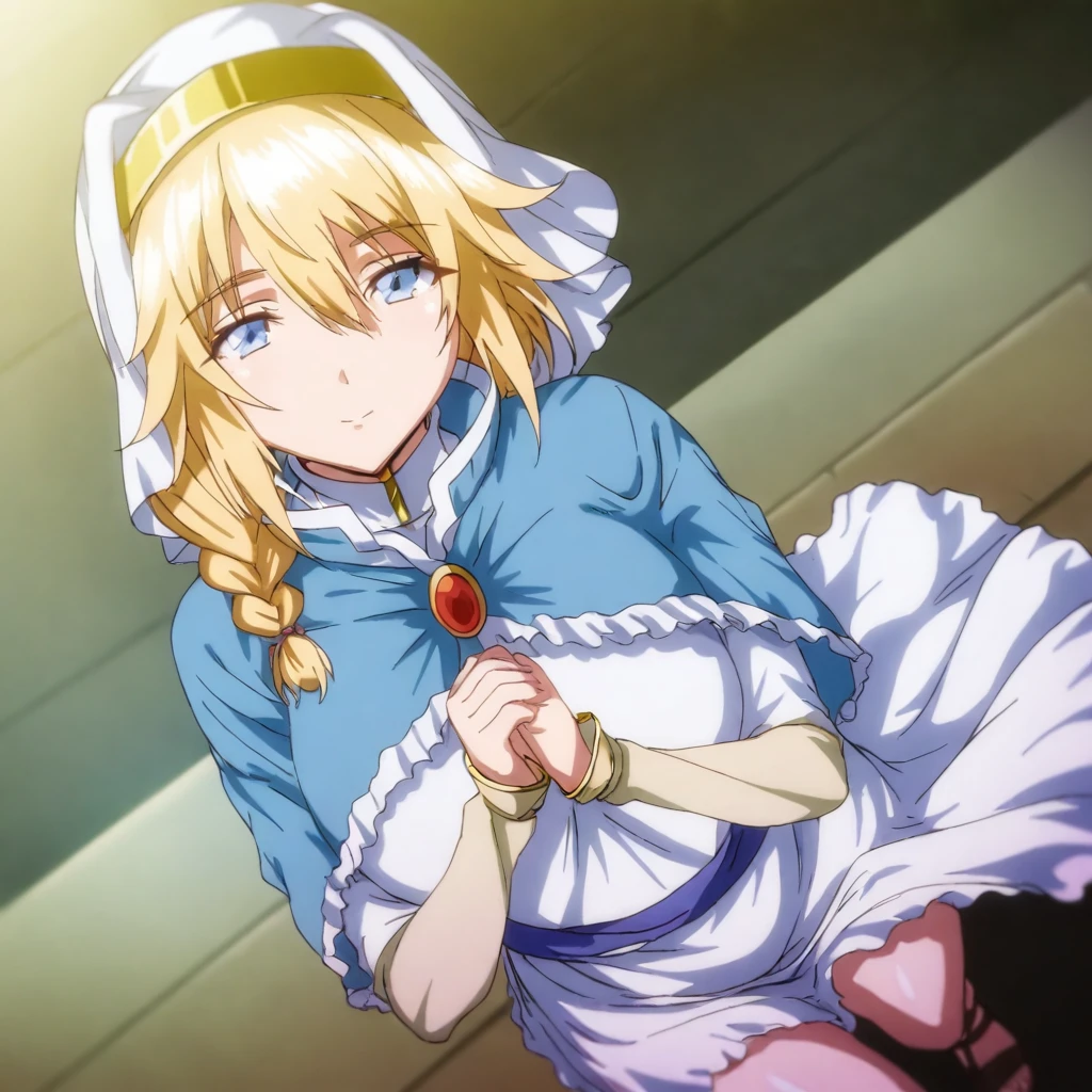 solo,anime coloring,looking at viewer,masterpiece,high score,great score,absurdres,cowboy_shot,<lora:ElenaCleric ag4o:1> elenacleric, blonde hair, braid, blue eyes,nun,dress,capelet,sash,sandals,