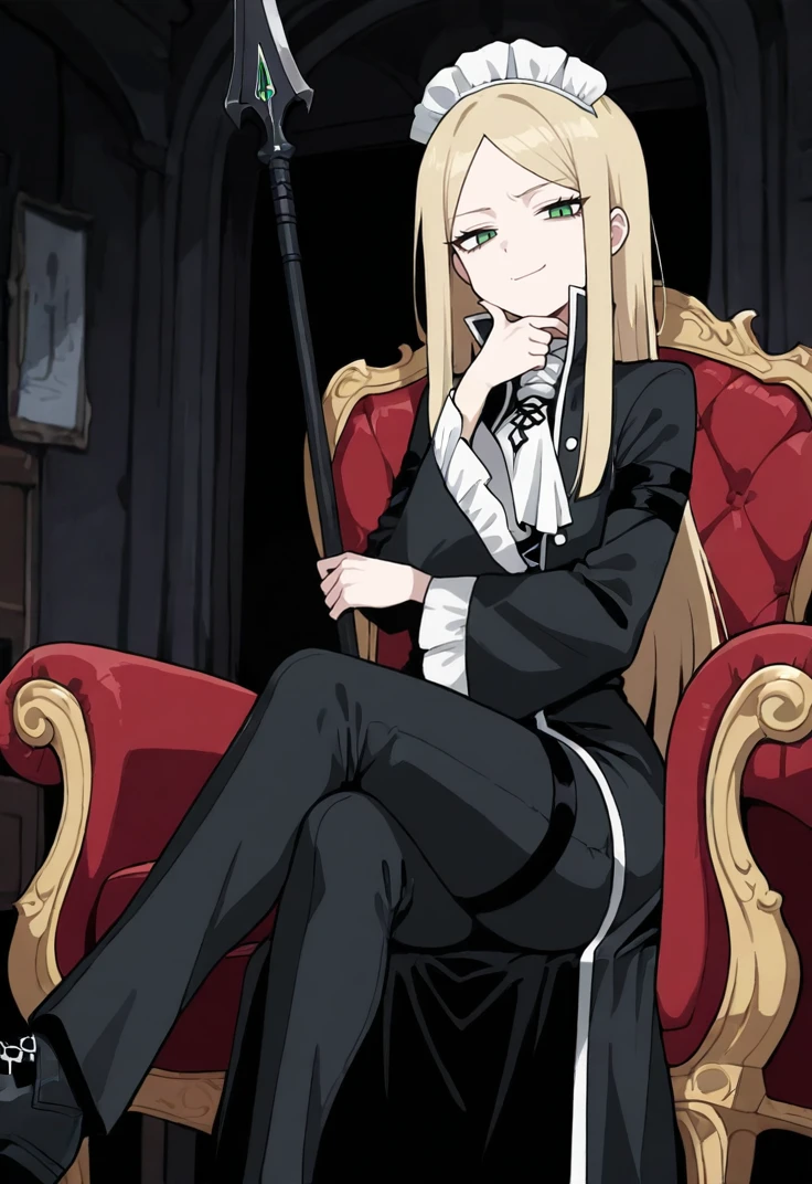 masterpiece, perfect face, beautiful face, perfect hands, beautiful hands, <lora:Pamela_Pameli_LOR_Illustrious:1>, 1girl, solo, WedgeLOR, PameliLOR, long hair, blonde hair, green eyes, maid headdress, white ascot, black dress, wide sleeves, black pants, black footwear, sitting on armchair, crossed legs, arm under chin, looking at viewer, bored face, holding spear, indoors, dark room, smile