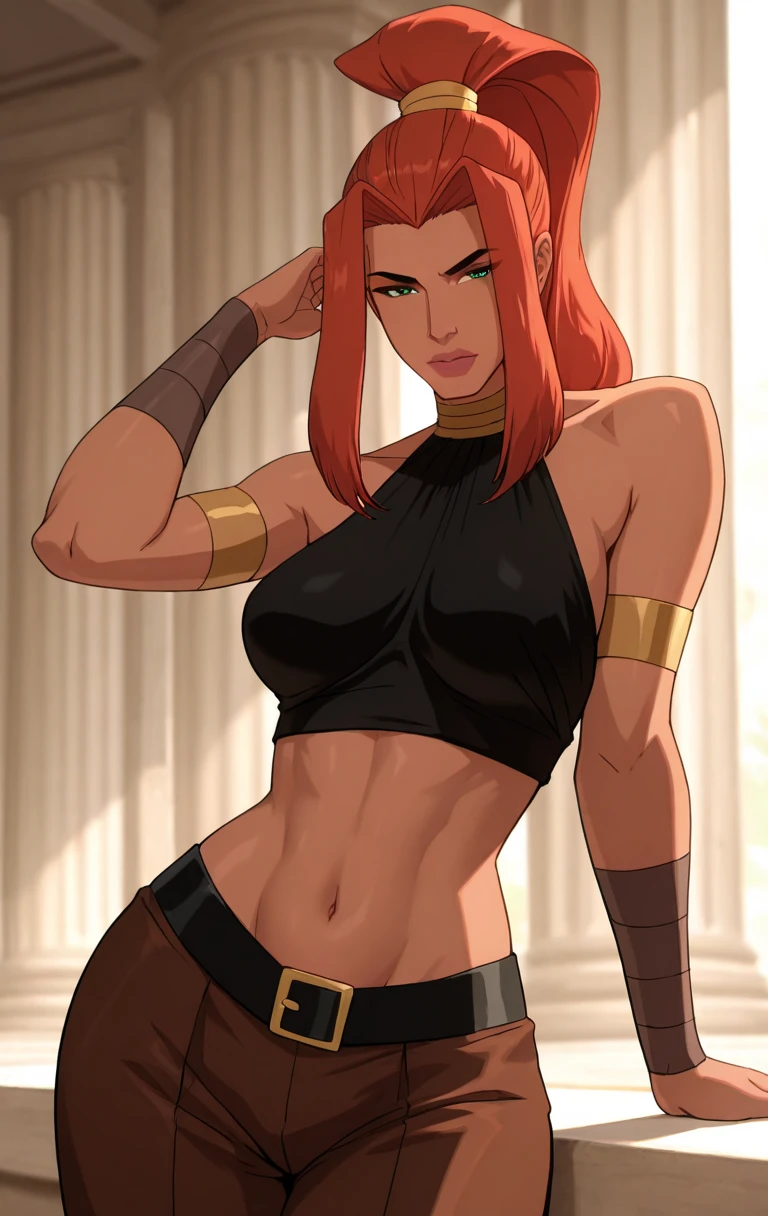 "0" :"masterpiece, best quality, highres,best quality, amazing quality, very aesthetic, high resolution, ultra-detailed,1girl, solo, long hair, breasts, green eyes, bare shoulders, medium breasts, green hair, red hair, belt, pointy ears, belt buckle, armband, arm support, brown skin, high ponytail,art3m1s,((shinny skin,cowboy shot))",