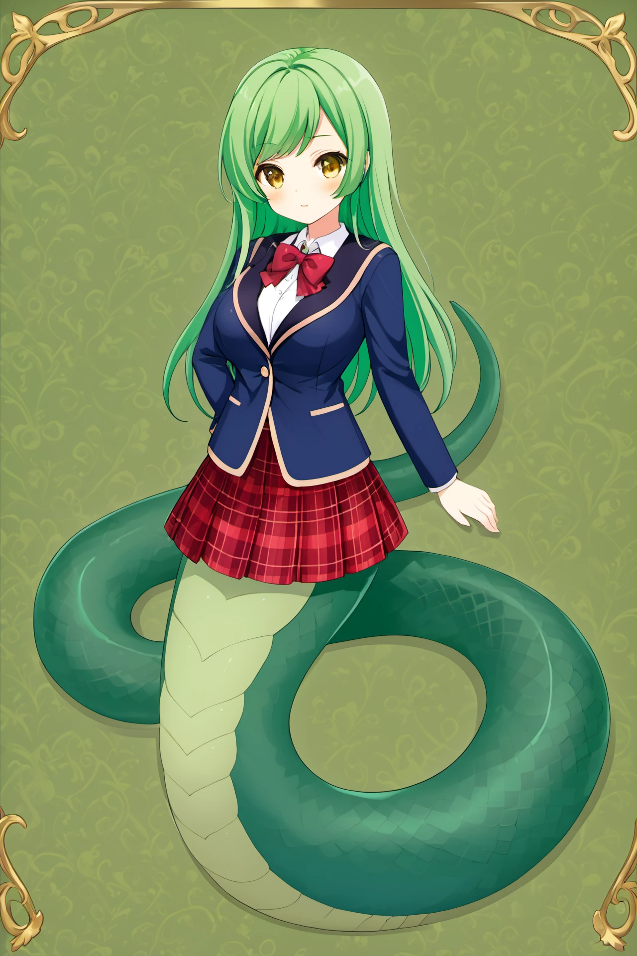 ((Masterpiece, best quality, illustration, high resolution, hyper detail, finely detailed, ultra-detailed),
8k, Wallpaper, grand, an extremely delicate and beautiful, anime, pixiv, colorful, distinct, bishoujo),
detailed cute anime face, perfect face, sharp,
1girl, solo, full body, outdoors,
<lora:SDXL_LoCon_lamia_bt08_ep032_01664_1024_dim064_a008_con032_a004_LR00200_snr05_noise05_del:1>
Lamia, monster girl, green scales
BREAK
<lora:Kokonoe-Shinobu-XL-10:0.7>, Kokonoeshinobu, yellow eyes, long green hair, swept bangs,
school uniform, red bowtie, blue jacket, blazer, white shirt, red plaid skirt