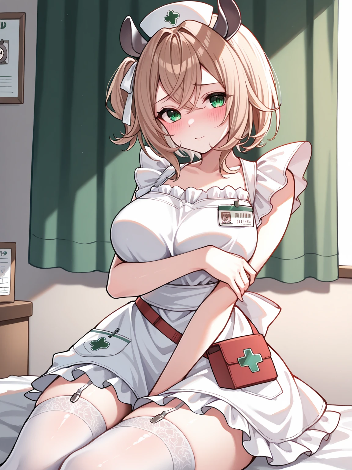 masterpiece, best quality, 1girl, solo, <lora:MrKeb_NimiNightmare_ILv2:1>, vtnimi, green eyes, short hair, brown hair, one side up, white hair ribbon, tapir ears, blush, covering body, nurse cap, white apron, naked apron, id badge, waist bag, white thighhighs, garter straps, frilled apron, sitting