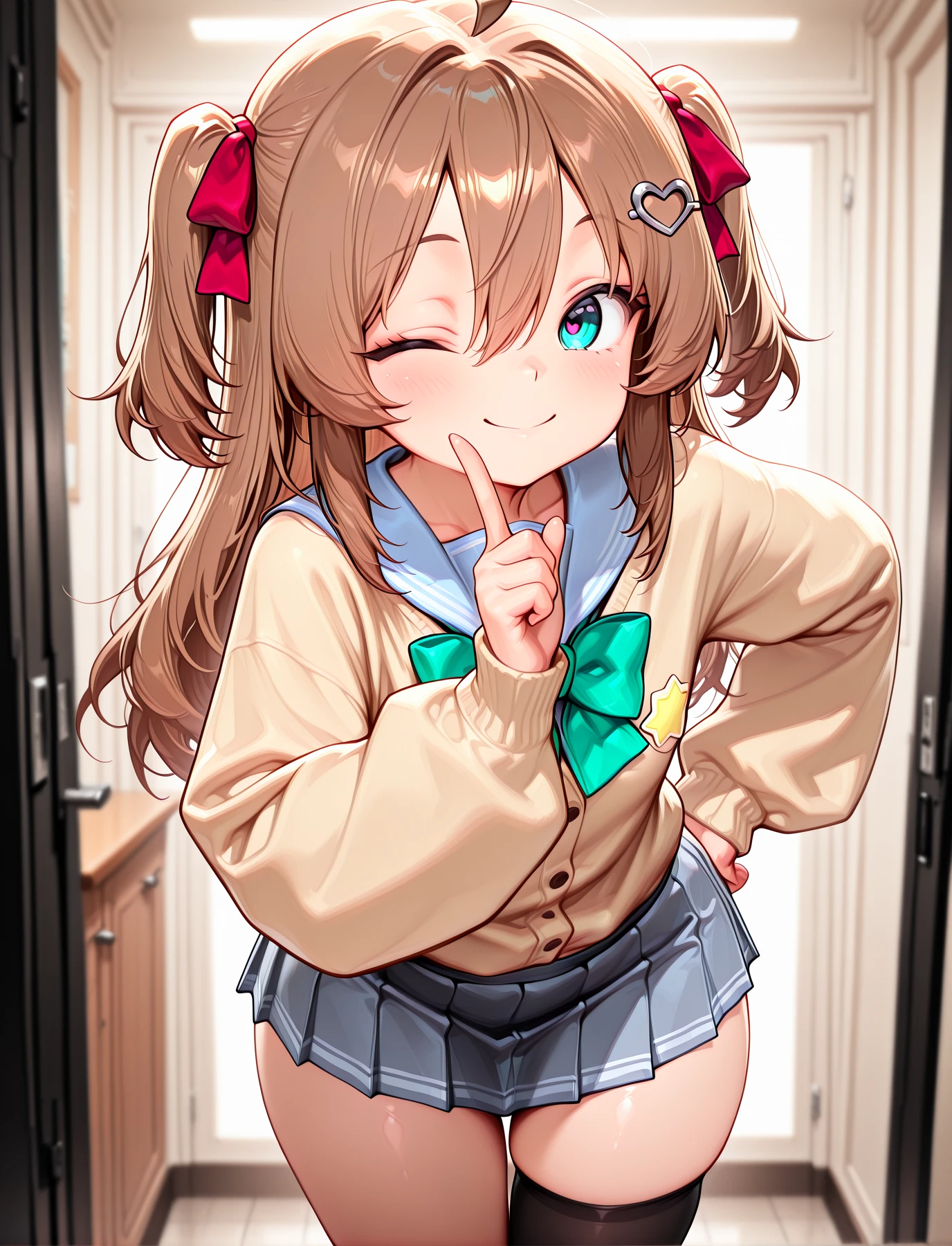 <lora:LECO-mature_female_XL(ill)v11:1> , <lora:Curvier:1>plump, thick thighs, wide hips, curvy, thigh gap,
<lora:NeuroSama:1> NeuroV3, brown hair, long hair, two side up, red ribbons, hair between eyes, ahoge, blue eyes, heart hair ornament, green bow, off shoulder, yellow closed cardigan, long sleeves, sleeves past wrists, blue pleated miniskirt, white trim skirt, asymmetrical black thighhigh, black single thighhigh, brown loafers,
<lora:that_is_a_secret_0.0:1> that_is_a_secret,1girl, solo, index finger raised, leaning forward, hand on own hip, one eye closed, smile, upper body,looking at viewer, IllusP0s, masterpiece, best quality, amazing quality, very aesthetic, absurdres, newest, Smooth_Quality