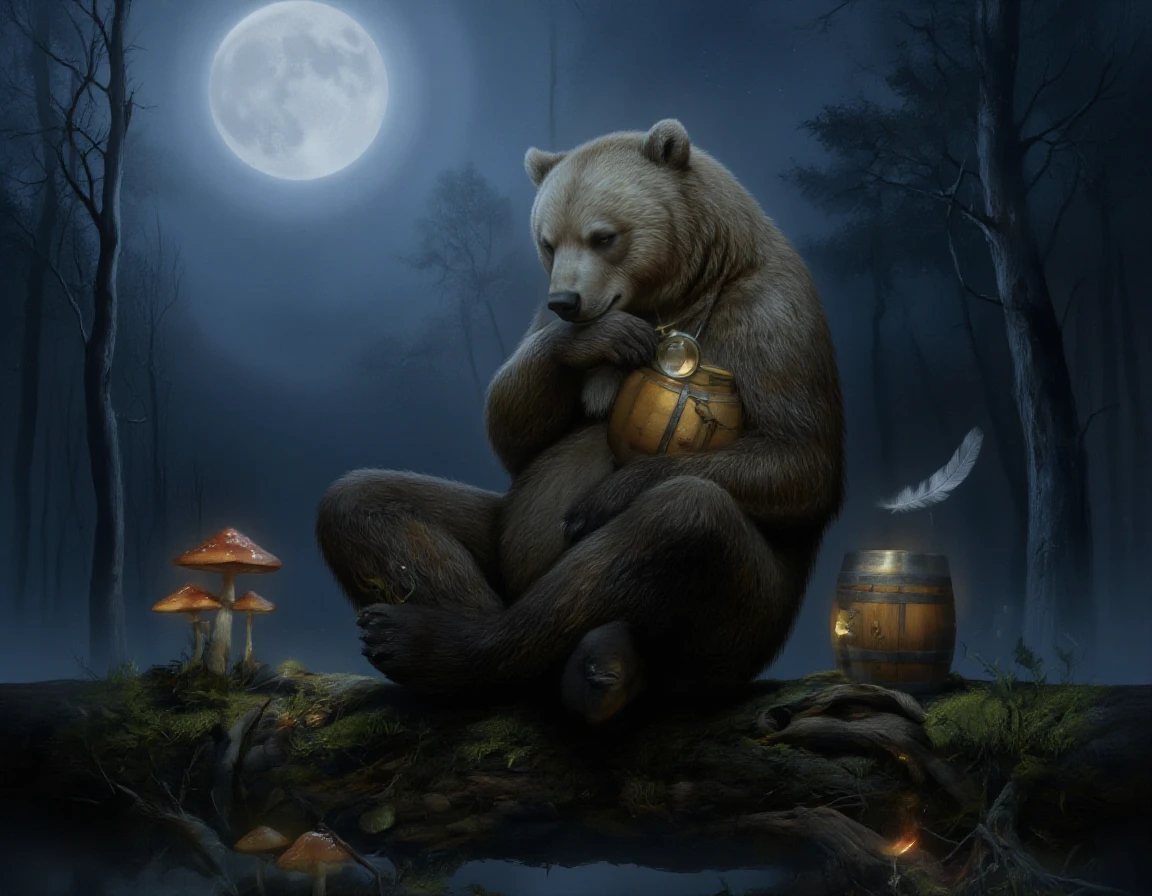 <lora:mishka:1>A bear sits cross-legged on a mossy log under a full moon, his honey barrel balanced carefully beside him. His fur glows softly in the silver light, and his eyes are half-closed, lost in thought. One paw holds a magnifying glass, the other rests on his lap. Around him: glowing mushrooms, a single feather drifting down, the hush of the forest in the night. Background: a twilight forest, soft blue light, shadows stretching long. Style: realistic wildlife illustration, ethereal lighting, subtle textures of fur and forest floor. Mood: reflective, introspective, touched by magic.