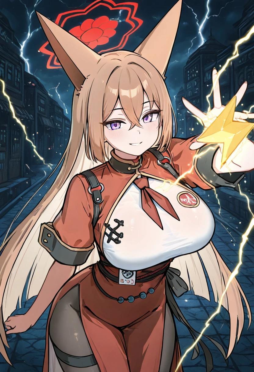 masterpiece, best quality, solo, curvy, beautiful eyes, narrow waist, wide hips, 1girl, solo, smile, looking at viewer, zzRumi, purple eyes, crossed bangs, red halo, long hair, 1girl, solo, brown hair, animal ears, fox ears, halo, hair between eyes, large breasts, chinese clothes, dress, short sleeves, pantyhose, ,<lora:RumiBlueArchive_IXL_v1:1.0>, ,solo, foreshortening, bzzb4tt3ryCitron, lightning, <lora:BuzzBatteryIXL:1.0>,